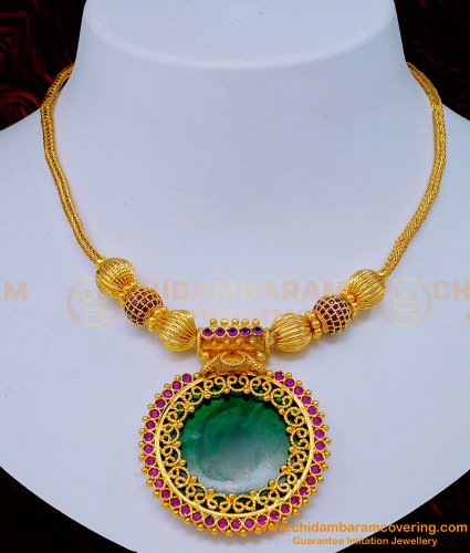 NLC1138 - Latest Kerala Bridal Jewelry Ruby Stone Green Palakka Necklace Online Shopping