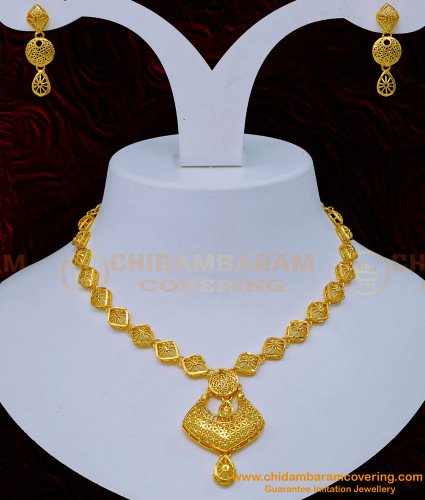 NLC1143 - Latest Dubai Gold Necklace Design with Earrings Buy Online