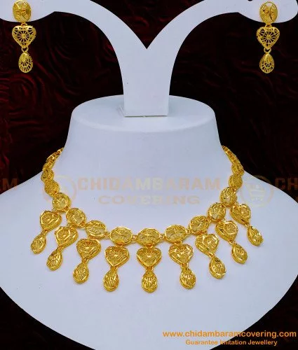 nlc1150 one gram gold plated necklace with earrings set for women 1