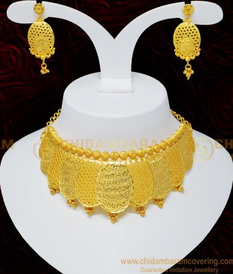 NLC702 - Gold Forming Choker Necklace Light Weight Real Gold Choker Necklace Set for Marriage