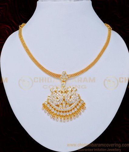 NLC746 - Real Gold Design Impon White Stone Necklace Gold Plated Wedding Attigai Online 