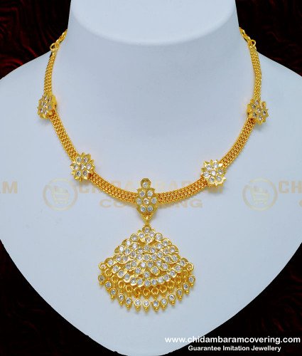NLC798 - Real Gold Design New Model Full White Stone Five Metal Attigai Necklace for Women 
