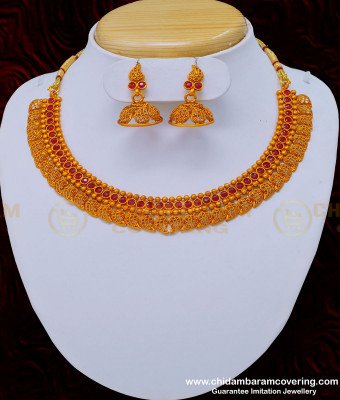 NLC833 - Beautiful Fashion Jewellery Mango Design Ruby Stone Temple Necklace with Earring Temple Jewelry Set 