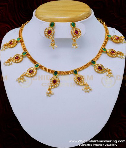 NLC840 - First Quality Temple Jewellery Mango Design Stone with White Pearl Beads Attigai Necklace Set   