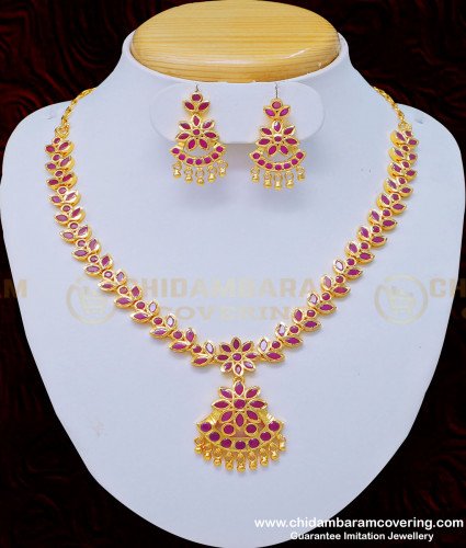 NLC874 - South Indian Wedding Jewellery Ruby Stone Attigai Necklace with Earring Set Online