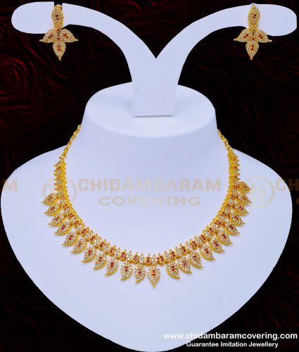 NLC914 - Beautiful First Quality White and Ruby Stone Mango Design Real Gold Look Necklace Set Guaranteed Jewellery