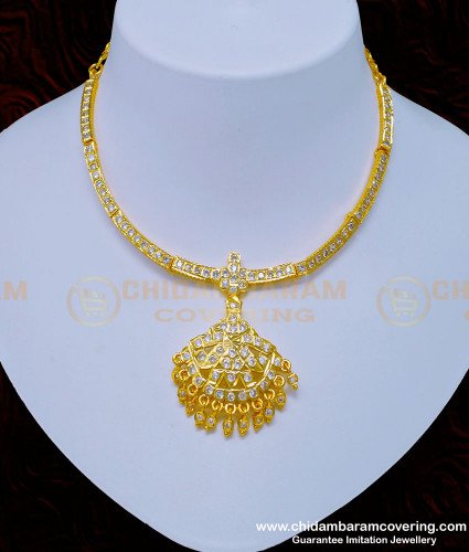NLC930 - Impon Gold Design White Stone One Gram Gold Attigai Necklace Online