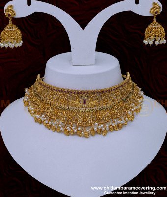 NLC963 - Premium Quality Bridal Wear Ad Stone Peacock Design Antique Choker Necklace Set 