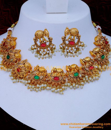 NLC1272 - South Indian Antique Jewellery Elephant Designs Necklace Set