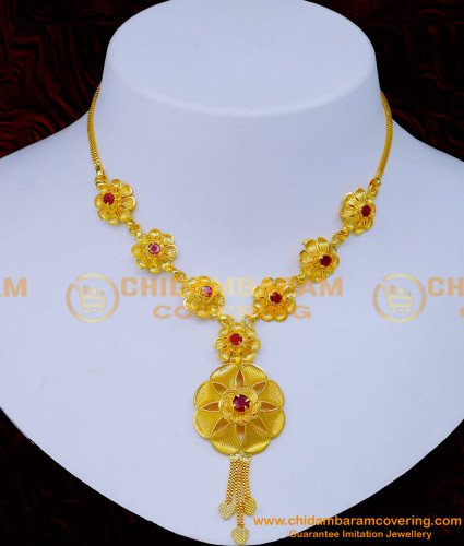 NLC1290 - Unique Flower Design Ruby Stone Gold Plated Necklace Online