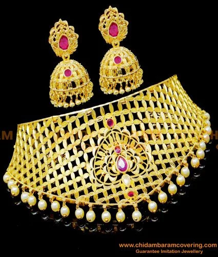 MA Jewels Oxidized Gold Heavy Bridal Choker Necklace Jewellery Set