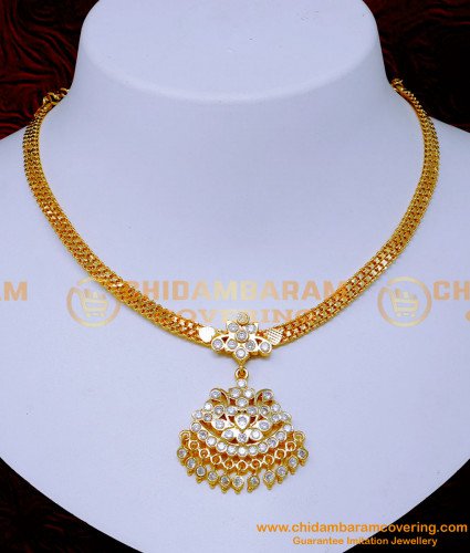 NLC1364 - Real Gold Look Stone Necklace White Impon Attigai
