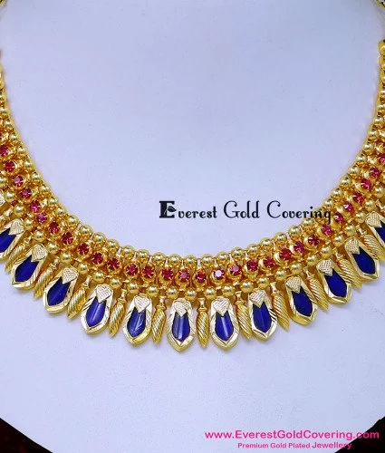 NLC1629 - Kerala Wedding Ruby Stone Blue Nagapadam Necklace