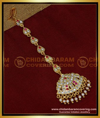 NCT254 - South Indian Bridal Jewellery White and Ruby Stone Maang Tikka    