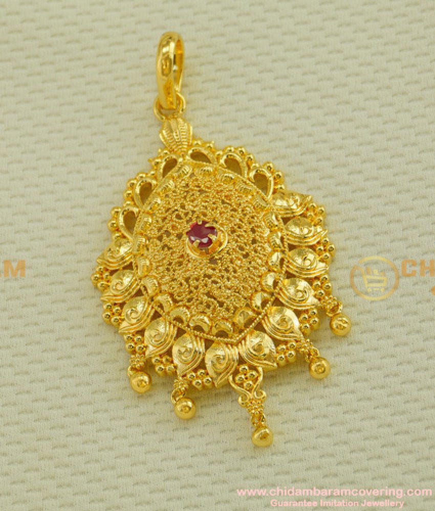PND021 - Grand Look Ruby Stone Hanging Golden Balls Gold Plated Long Pendant Online