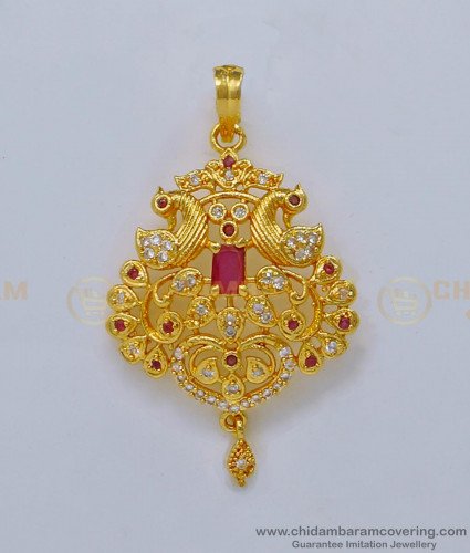 PND069 - Attractive White and Ruby Stone Peacock Pendant Locket Design for Girl 