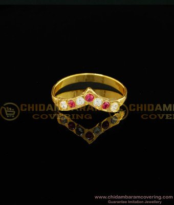 RNG021 - Impon Simple Gold Ring Design White And Ruby Stone Panchaloha Rings for Girls  