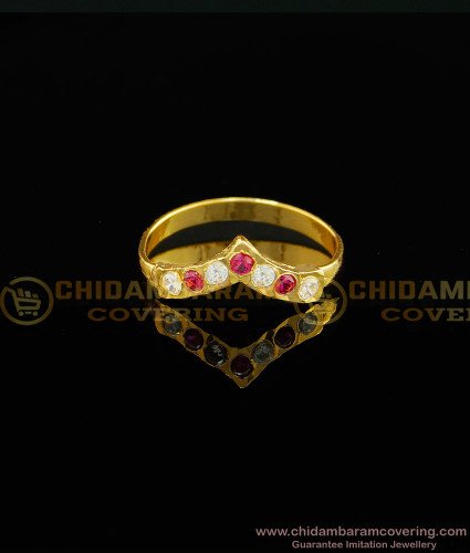 RNG021 - Impon Simple Gold Ring Design White And Ruby Stone Panchaloha Rings for Girls  